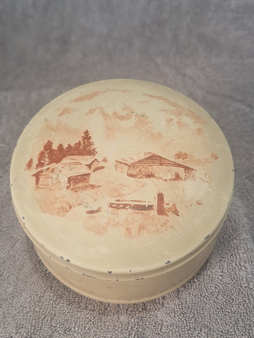 Vintage Reuge Swiss Music Box Round Tin Cottage Scene- Good Vintage Condition